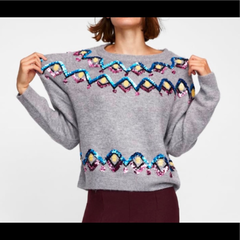 Zara Sequin Argyle Sweater S Gray Pink Blue
